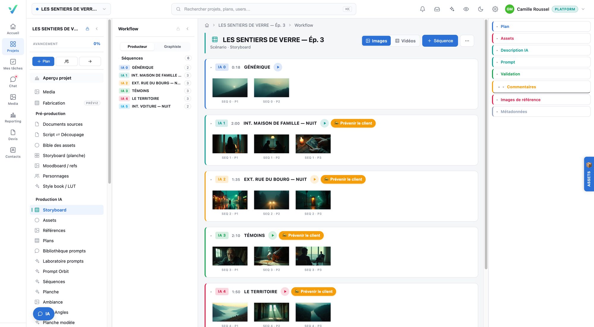 Vue storyboard de validz.io : séquences repliables, plans et versions d'images
